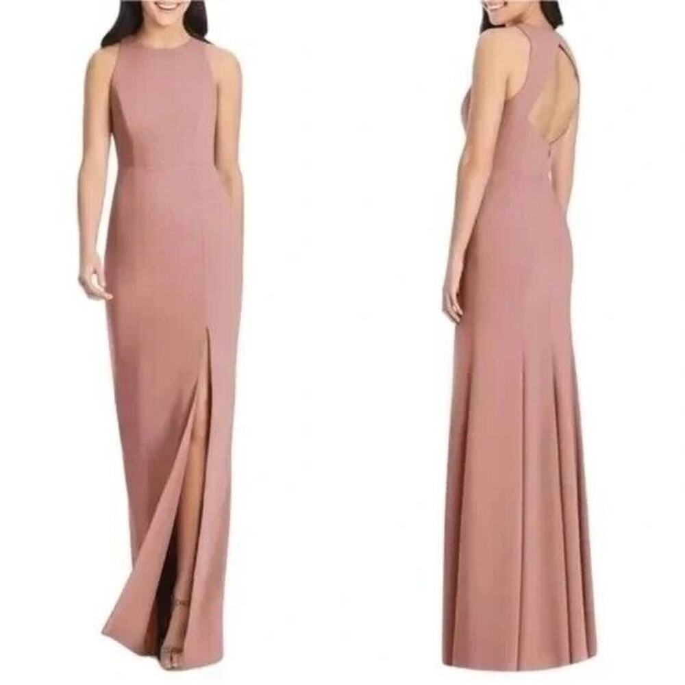 NWT Dessy Collection Diamond Cutout Front Slit Trumpet Gown 6 Desert Rose Pink
